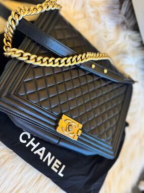 Authentic Large Chanel Boy Bag - Black with Gold Hardware